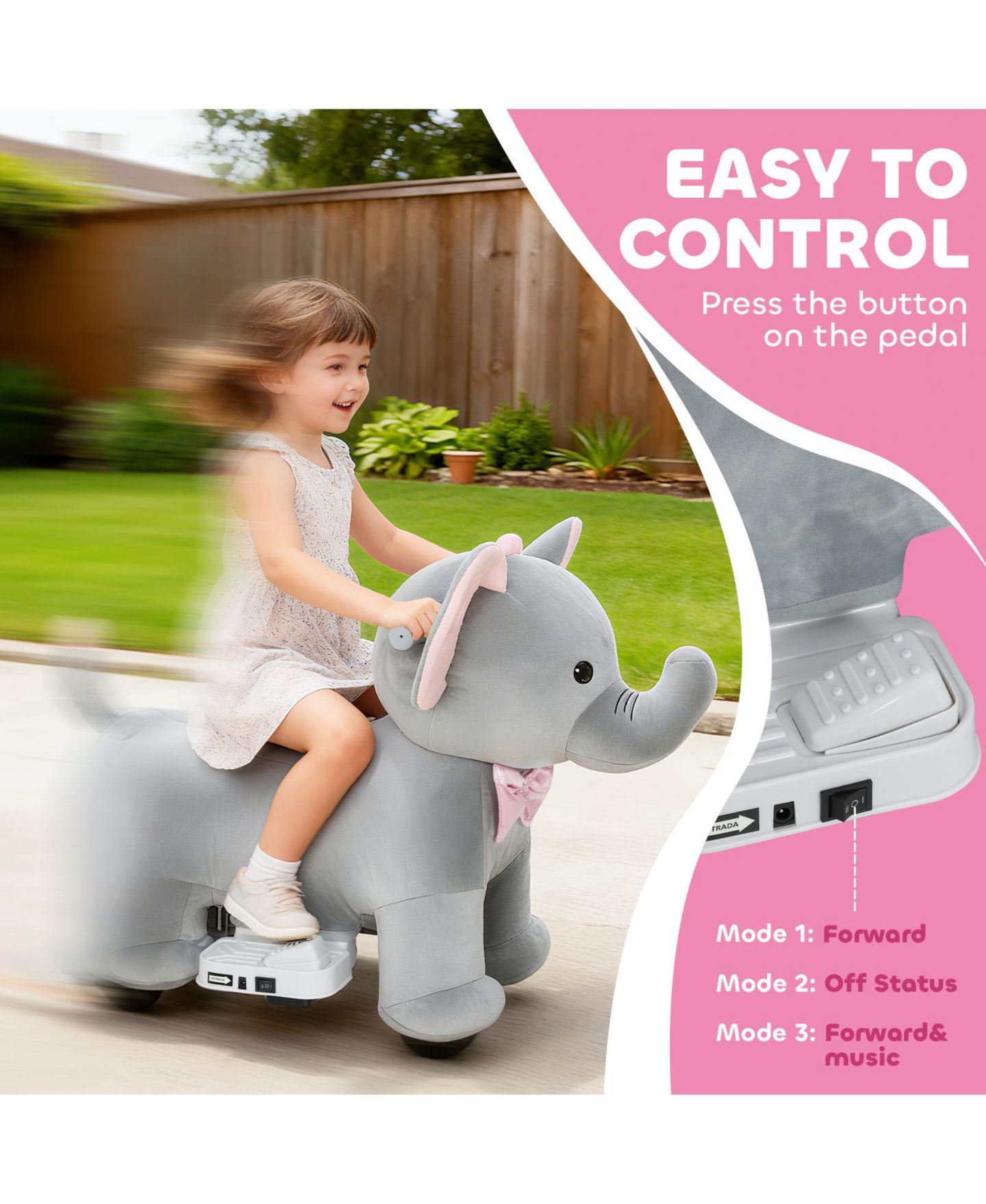 Детская игрушка Glintex 6V Ride-On Elephant with Music and Foot Pedal, Ages 1.5-5, цвет: Серый — фото 6