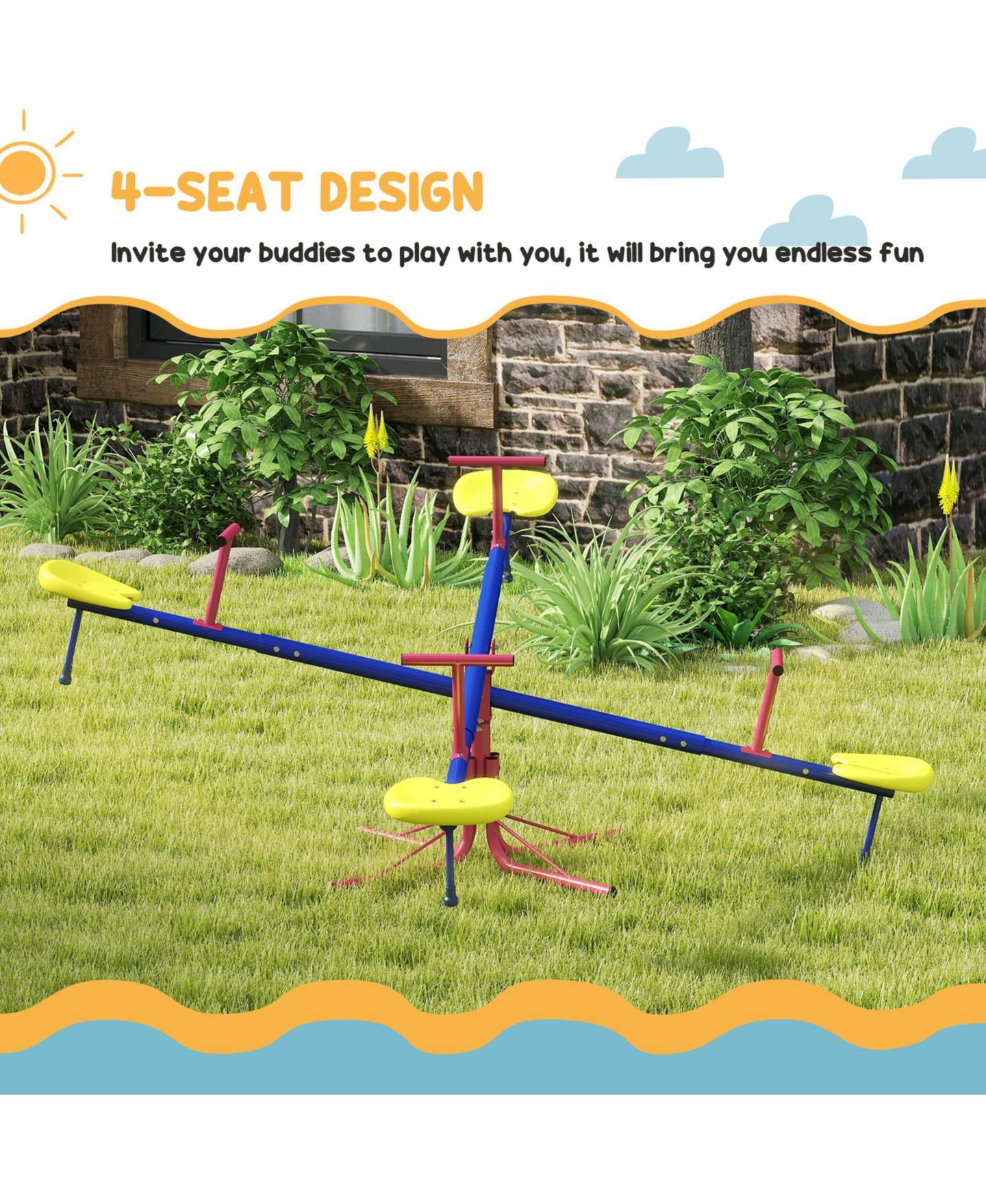 Детская игрушка Glintex 360-Degree Spinning Seesaw for 4 Kids, Powder-Coated Steel, цвет: Разноцветный — фото 5
