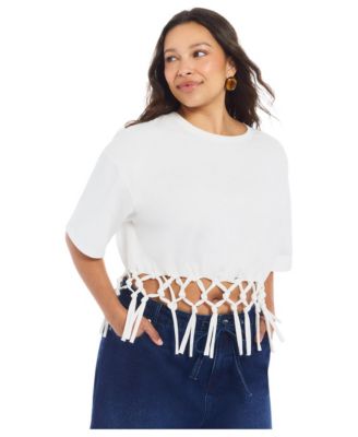 Plus Size Fringe Trim Cropped Crewneck Tee