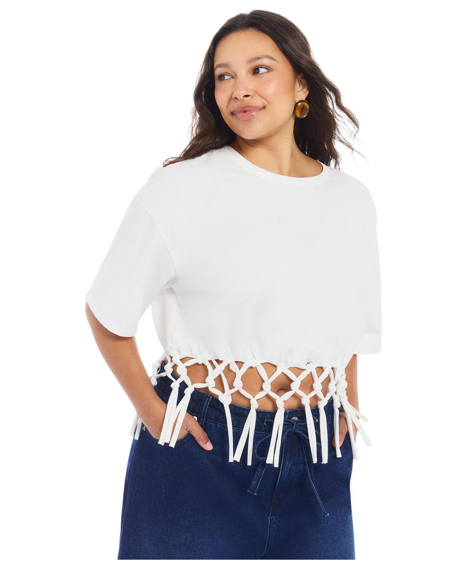 Women's Fringe Trim Cropped Crewneck Tee