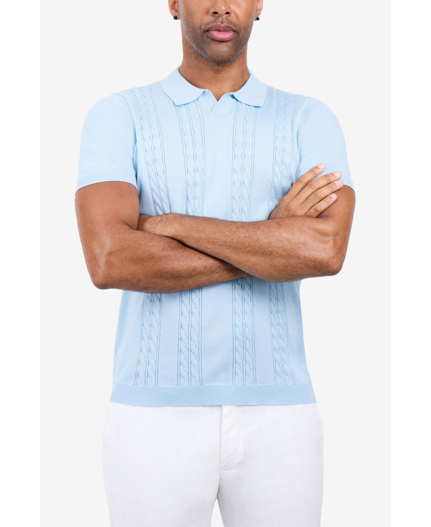 Мужские топы SPRING + MERCER Cable Knit Johnny Collar Short Sleeve Sweater Polo, цвет: Синий — фото 5