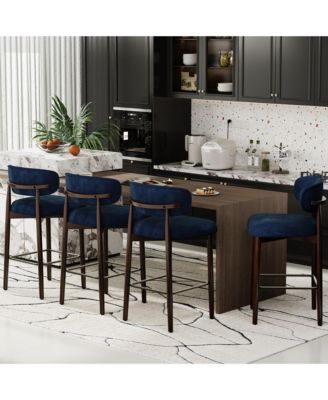 Set of 4 Upholstered Counter Height Bar Stools with Wood Legs and Curved Back, Linen Kitchen Island Chairs with Footrest