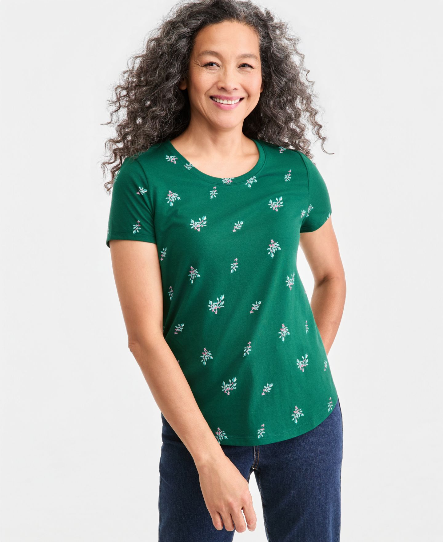 Женская футболка Style & Co Holiday Graphic Short-Sleeve Crewneck, цвет: Зелёный — фото 1