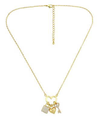 14k Gold-Plated Over Brass Heart Shape Charm Holder with Heart, Key and Lock Charms Necklace