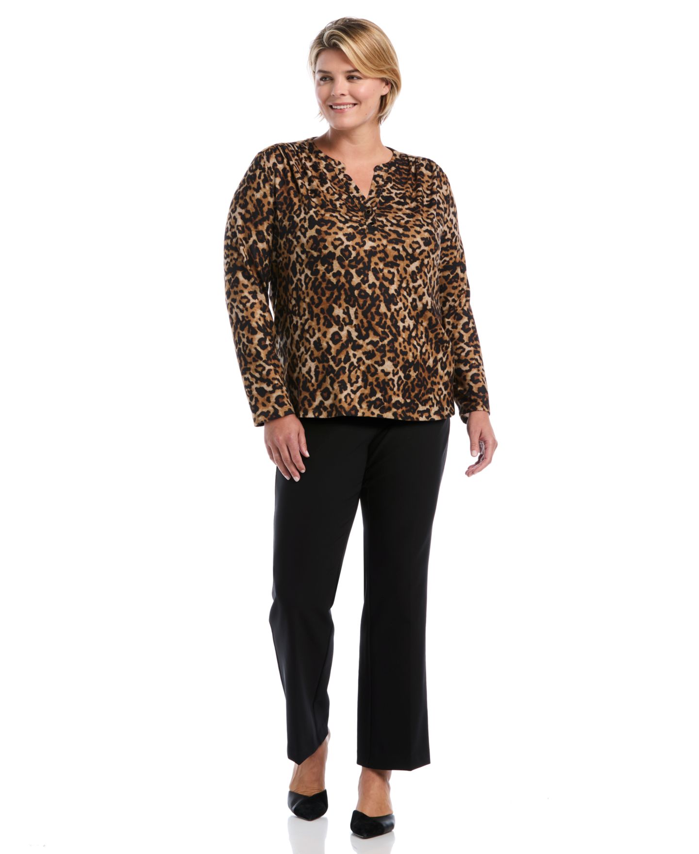 Женский топ Rafaella Plus Size Long Sleeve Leopard Print, цвет: Monks Robe — фото 2