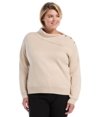Plus Size Split-Neck Button Long-Sleeve Sweater