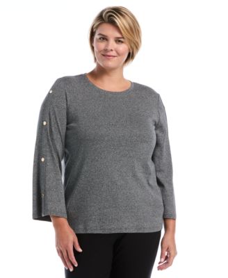 Plus Size Stud-Trim Rib-Knit Long-Sleeve Blouse