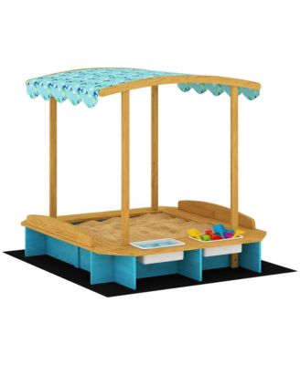 Wooden Sandbox with Seating for Six & Dinosaur-Print Canopy, Storage, 440 lbs. Capacity, Ages 3-6