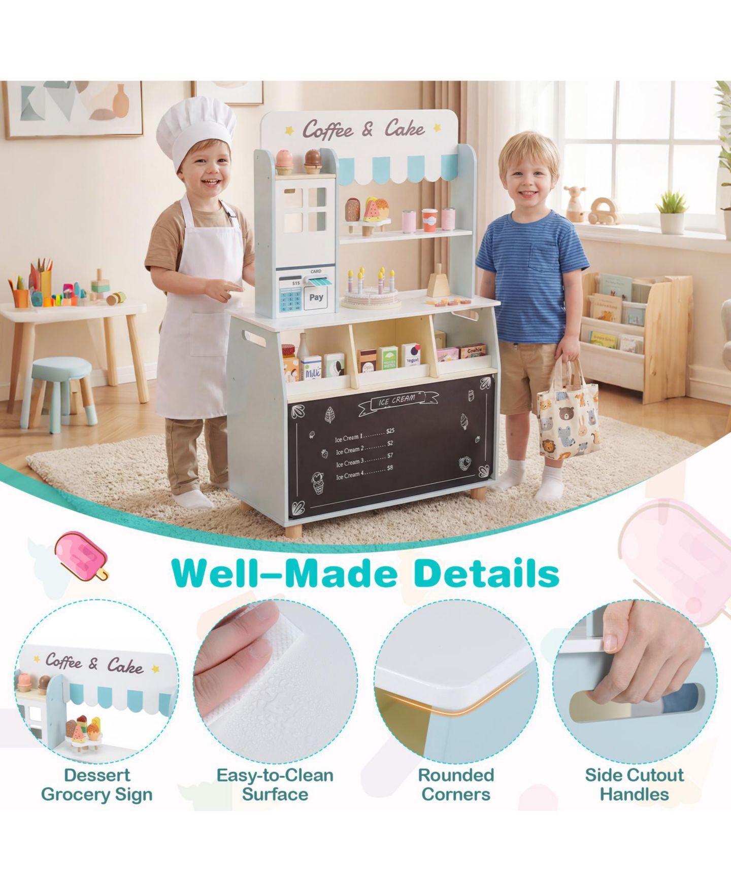 Детский игровой набор Gymax Ice Cream Shop Wooden 27-Piece Playset, Ages 3+, цвет: Синий — фото 9