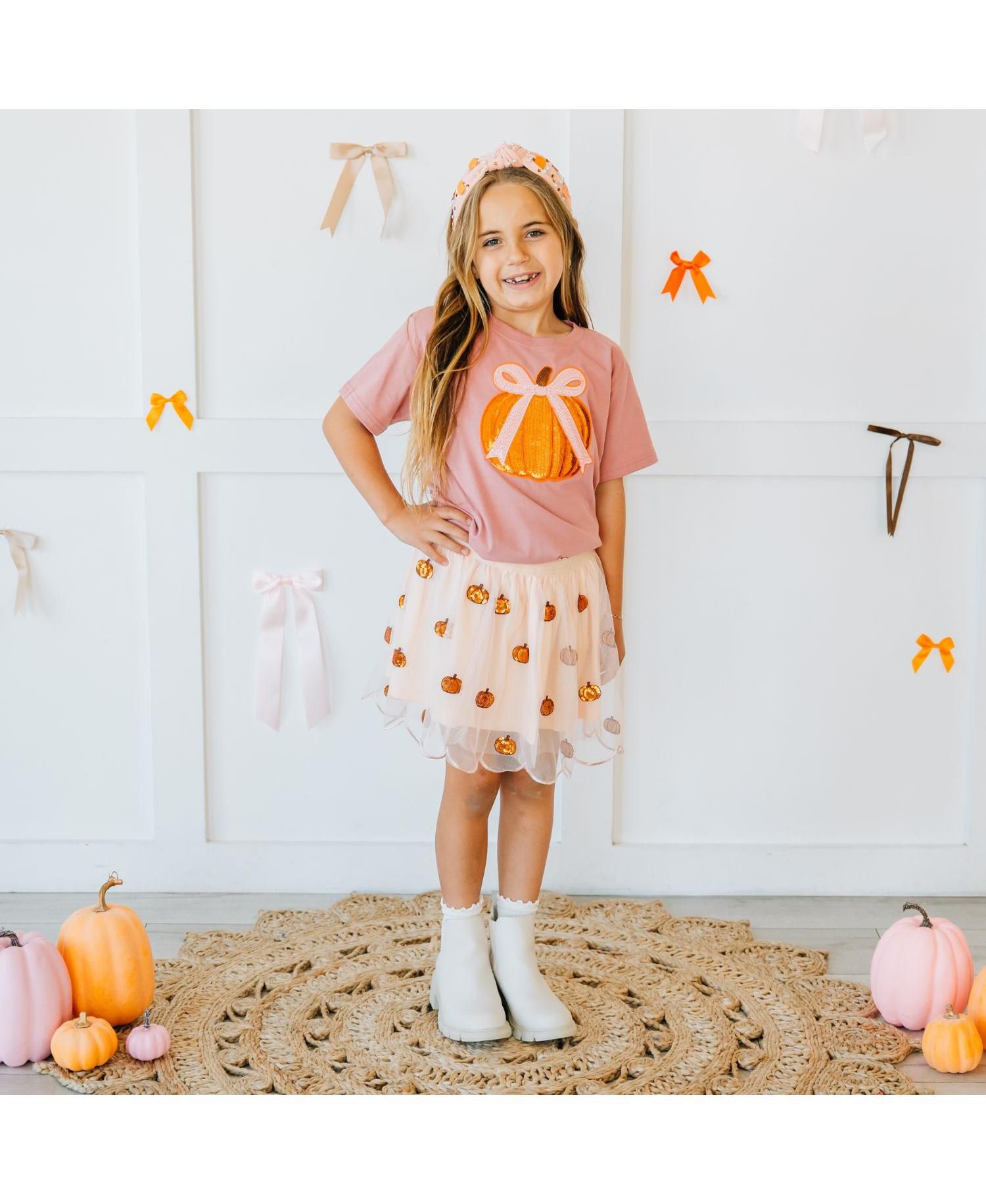 Little Girls Coquette Pumpkin Sequin Patch Short Sleeve T-Shirt
