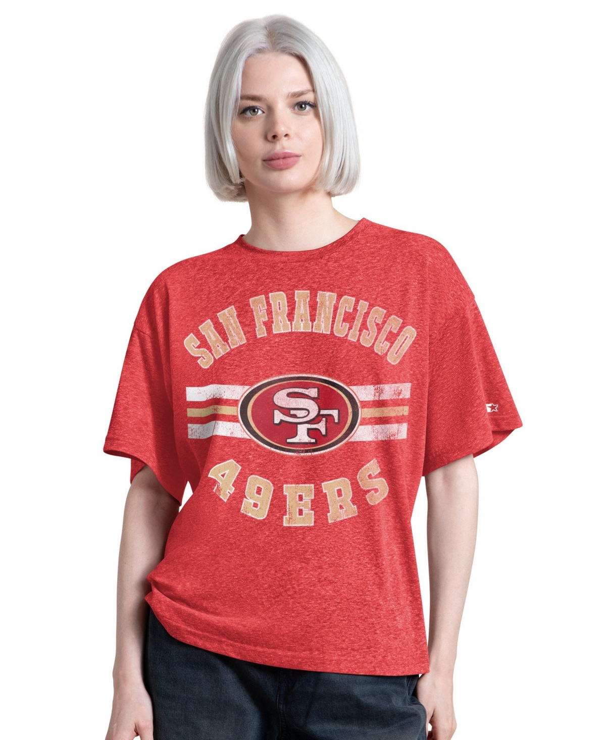 Starter Women's San Francisco 49ers Jump Shot Distressed Tri-blend Boyfriend T-shirt In Scarlet