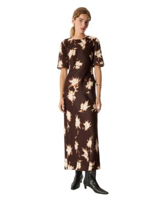 Women's Shadow Floral Satin Short-Sleeve Midi Dress