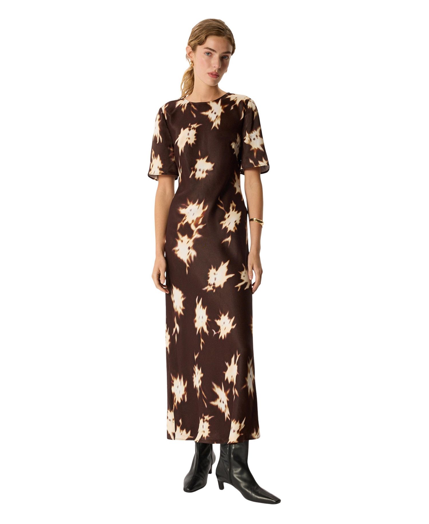 Women's Shadow Floral Satin Short-Sleeve Midi Dress