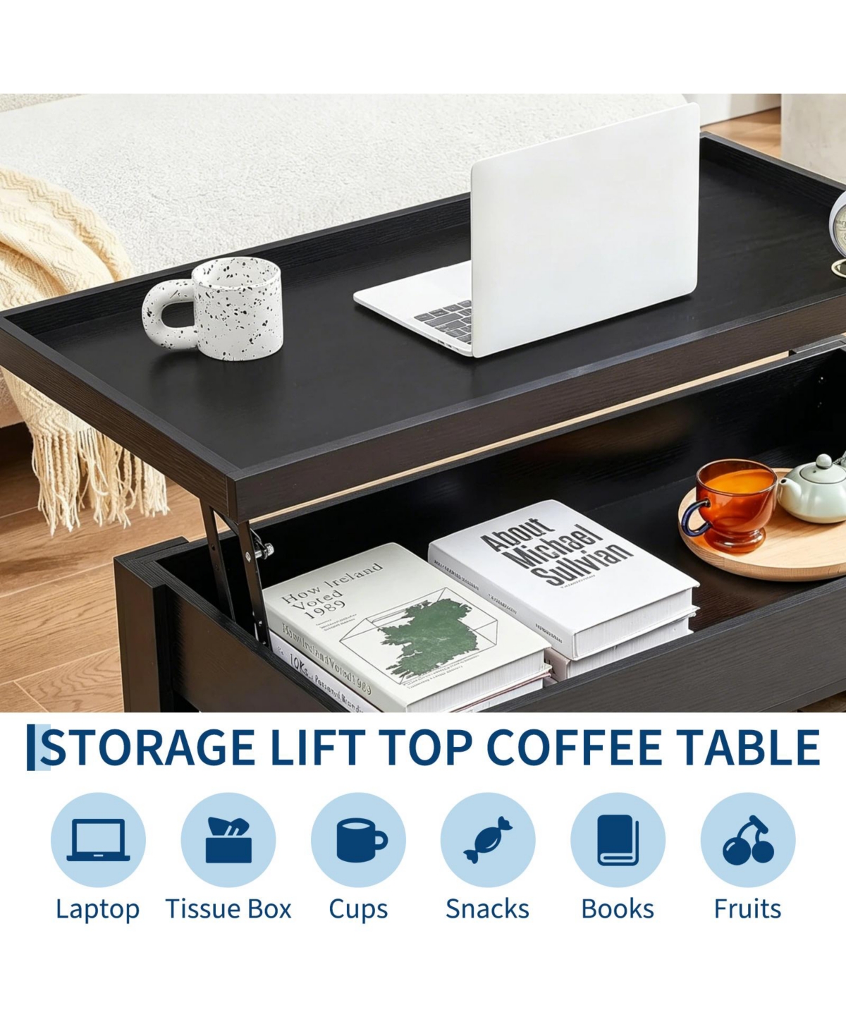 gaomon Coffee Table with Hidden Storage, Modern Wood Center Large Compartment and Shelf, Rising Desktop Dining for Living Room