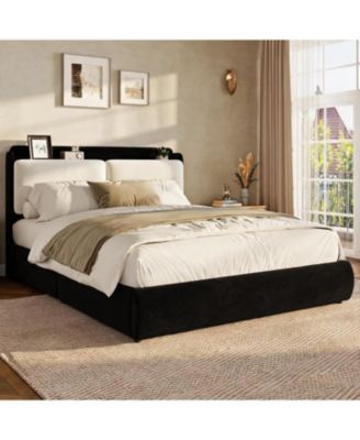 Full Upholstered Bed Frame with Shelf and Drawers - Chenille Platform Bed with Built in Headboard Shelf for Phone Books