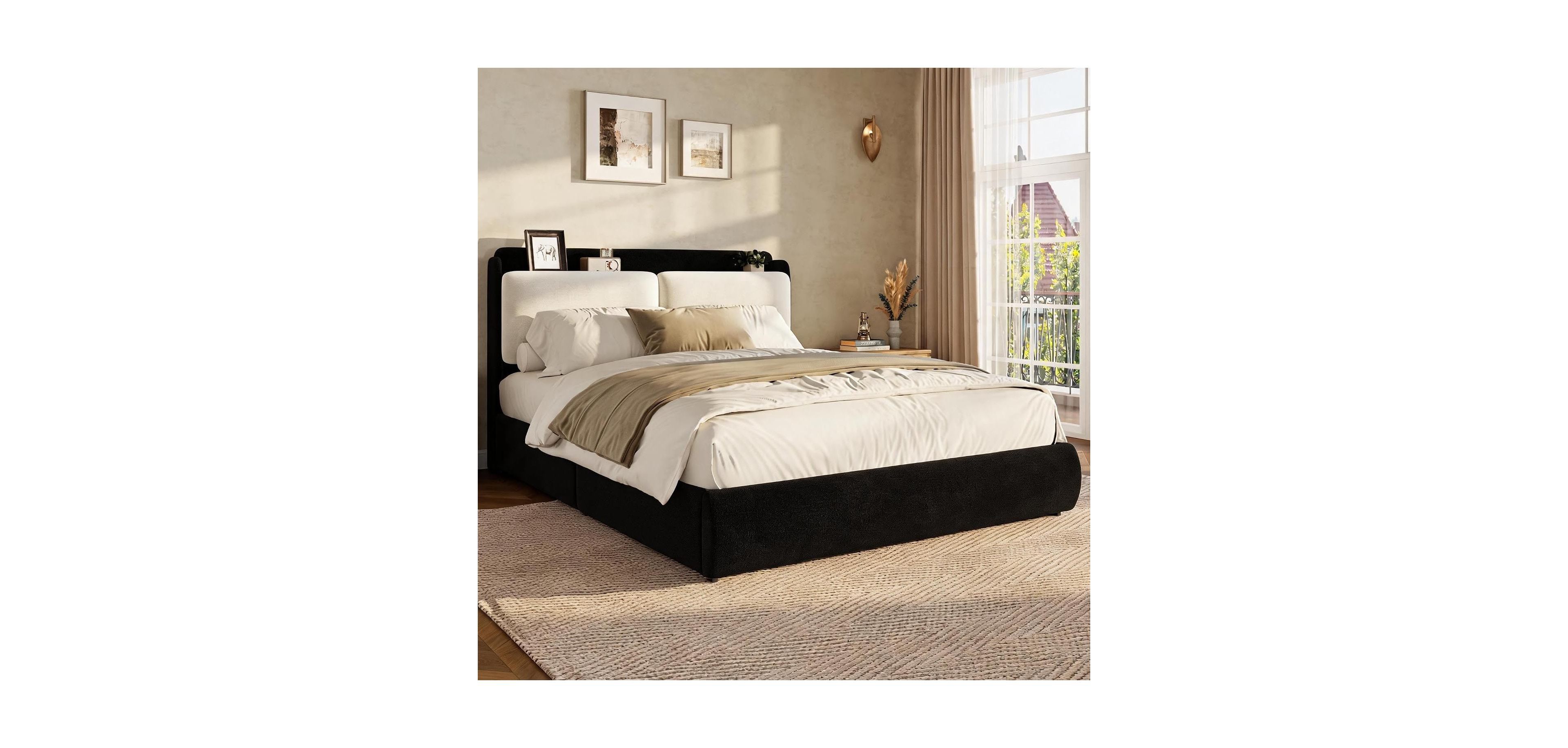 gaomon Full Upholstered Bed Frame with Shelf and Drawers - Chenille Platform Bed with Built in Headboard Shelf for Phone Books