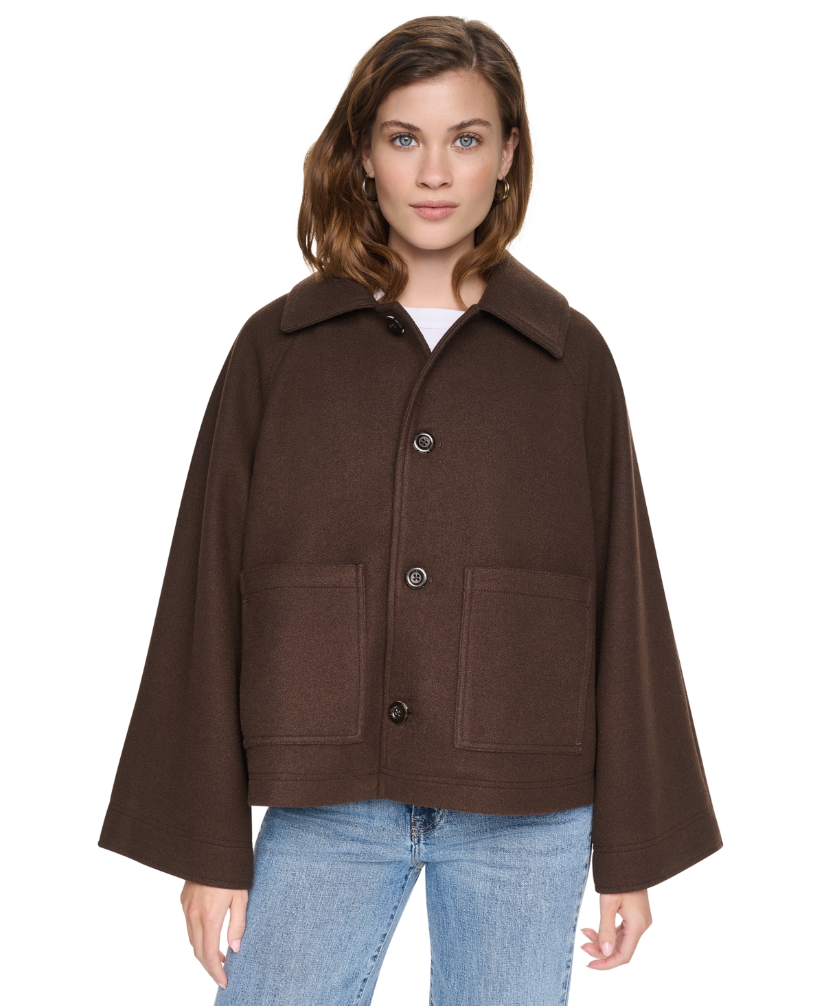 Dkny Jeans Women's Raglan Sleeve Button Front Swing Lined Coat In Espresso