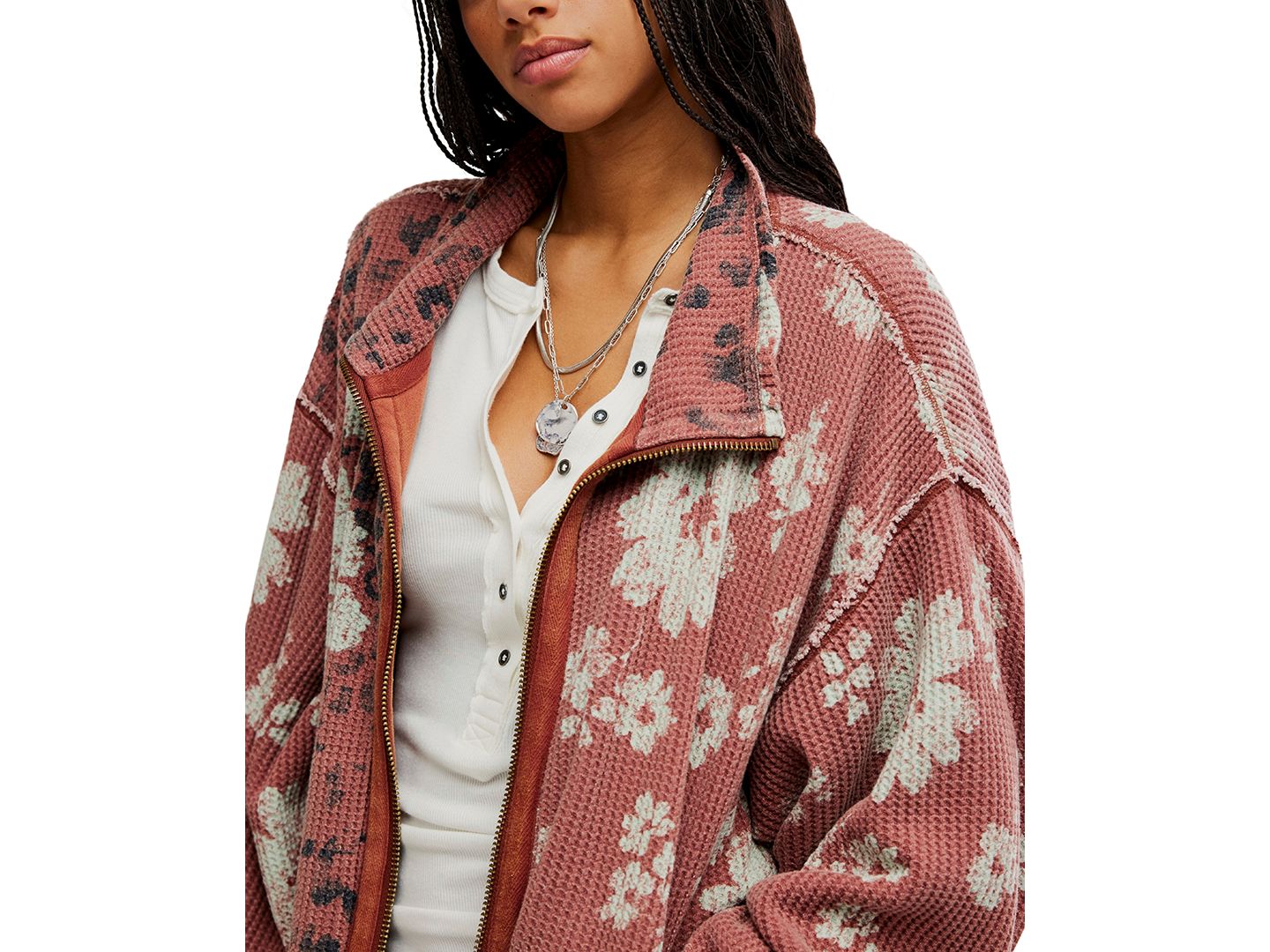 Женский кардиган Free People Waffle-Knit Oversized Full-Zip, цвет: Розовый комбинированный — фото 4