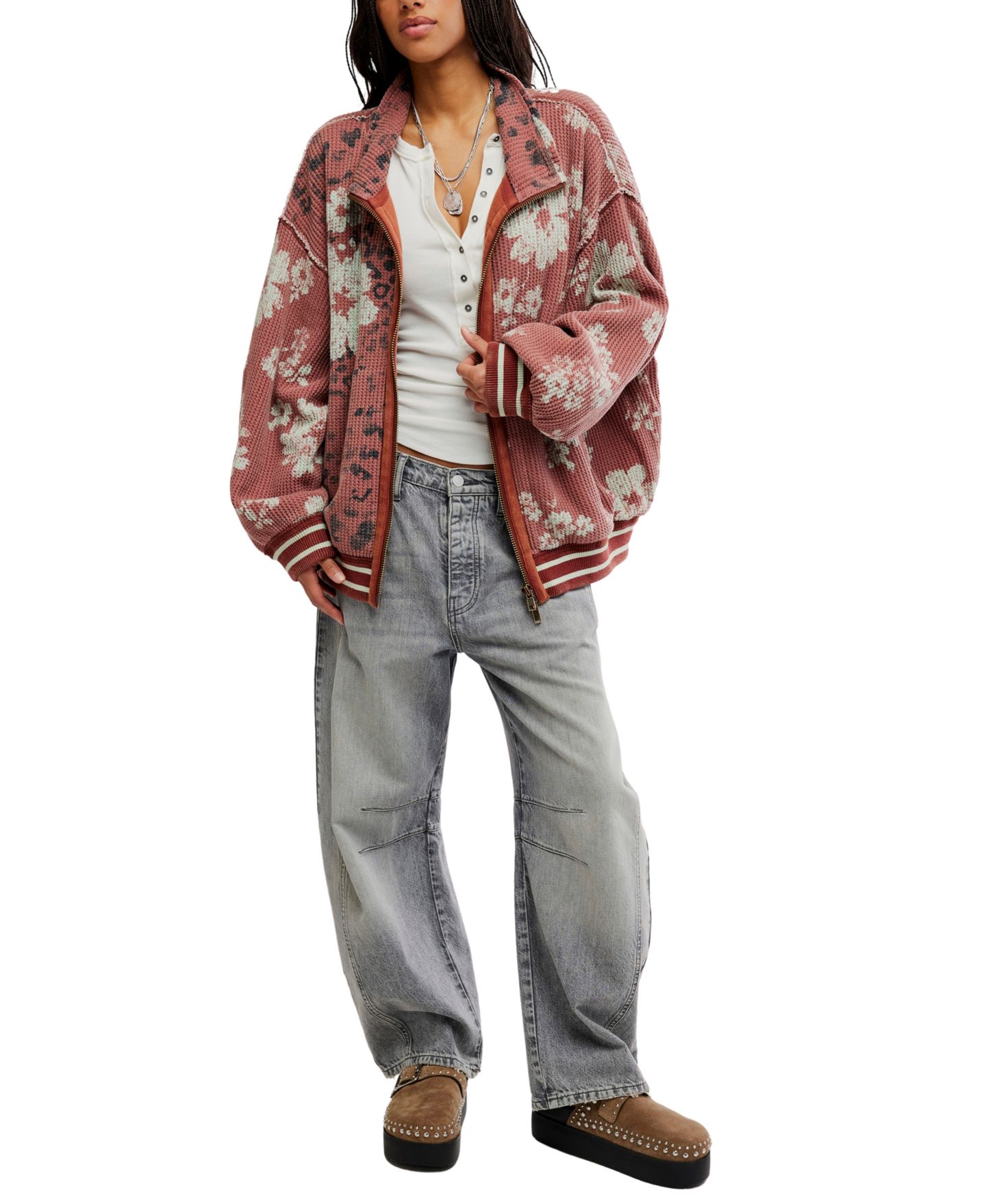 Женский кардиган Free People Waffle-Knit Oversized Full-Zip, цвет: Розовый комбинированный — фото 2