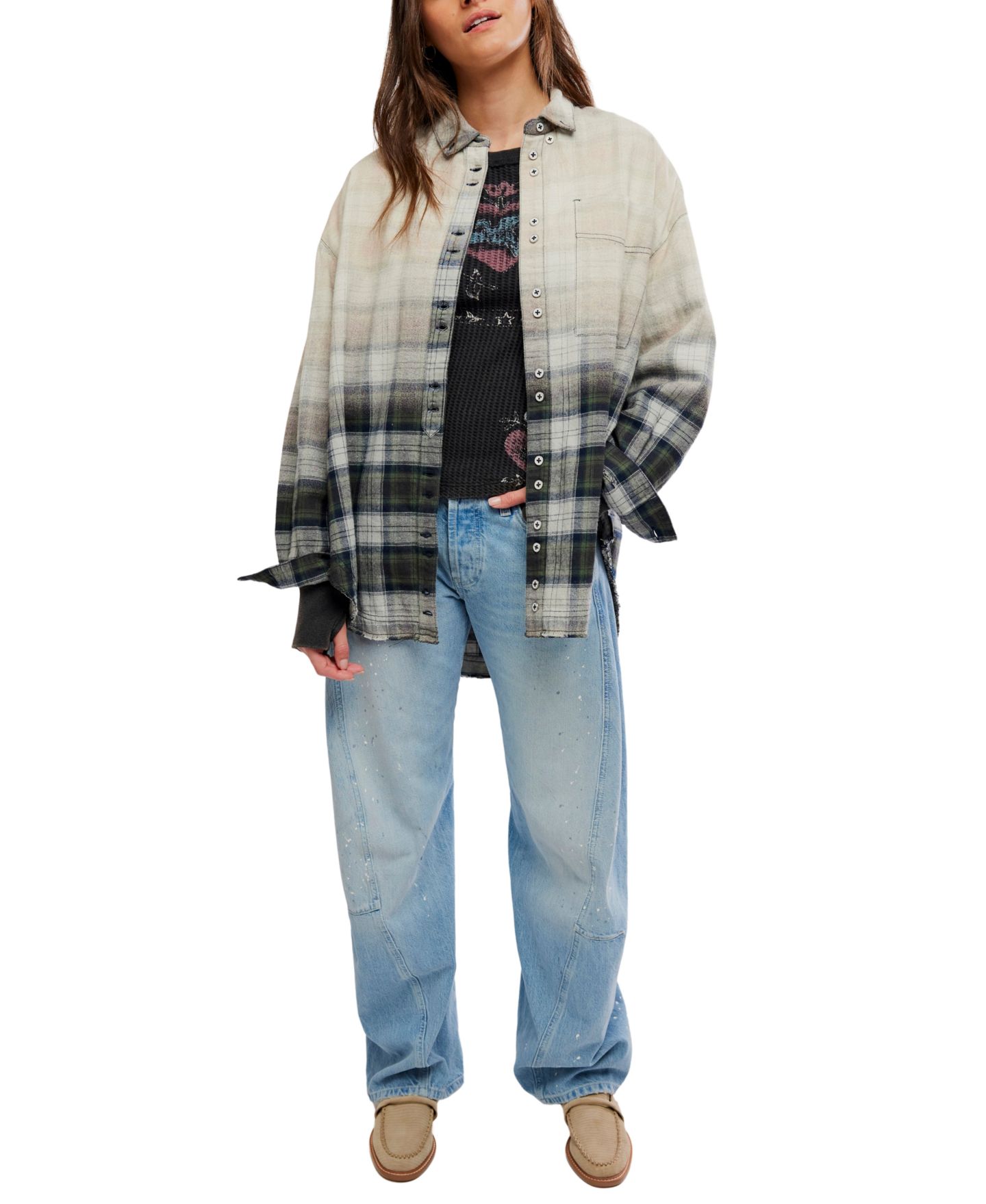 Женская рубашка Free People Lexi Plaid Oversized Waffle-Knit, цвет: Тёмно-зелёный комбинированный — фото 2