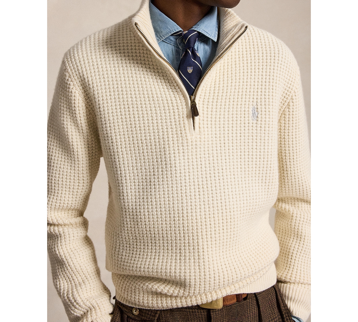 Polo Ralph Lauren Men's Quarter-Zip Mock-Neck Waffle-Knit Wool-Cotton Blend Sweater