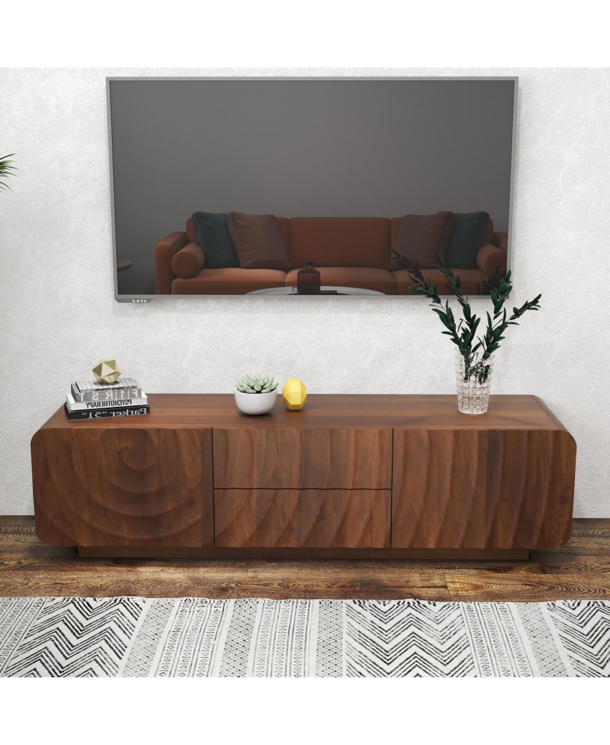 Rainsken 58 inch Tv Stand, Spiral Wave Design, With Storage Cabinet And 2 Drawers for 60" , Media Console, Living Dining