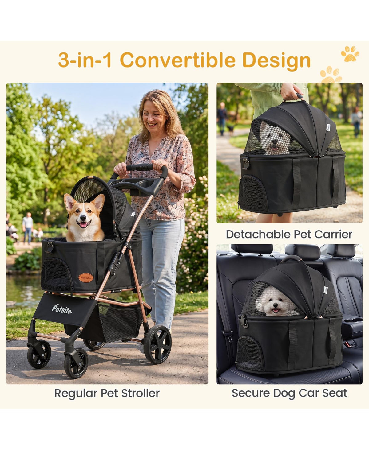 Gymax 3-in-1 Pet Stroller for Small Medium Dogs w/ Detachable Carrier Cup Holder
