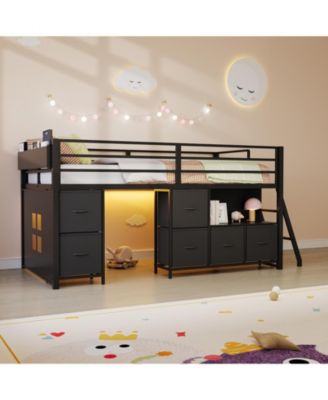 Metal Twin Loft Bed with 6 storage drawers, a desk, and LED lights spacious play area under the bed 14-inch-high safety rails