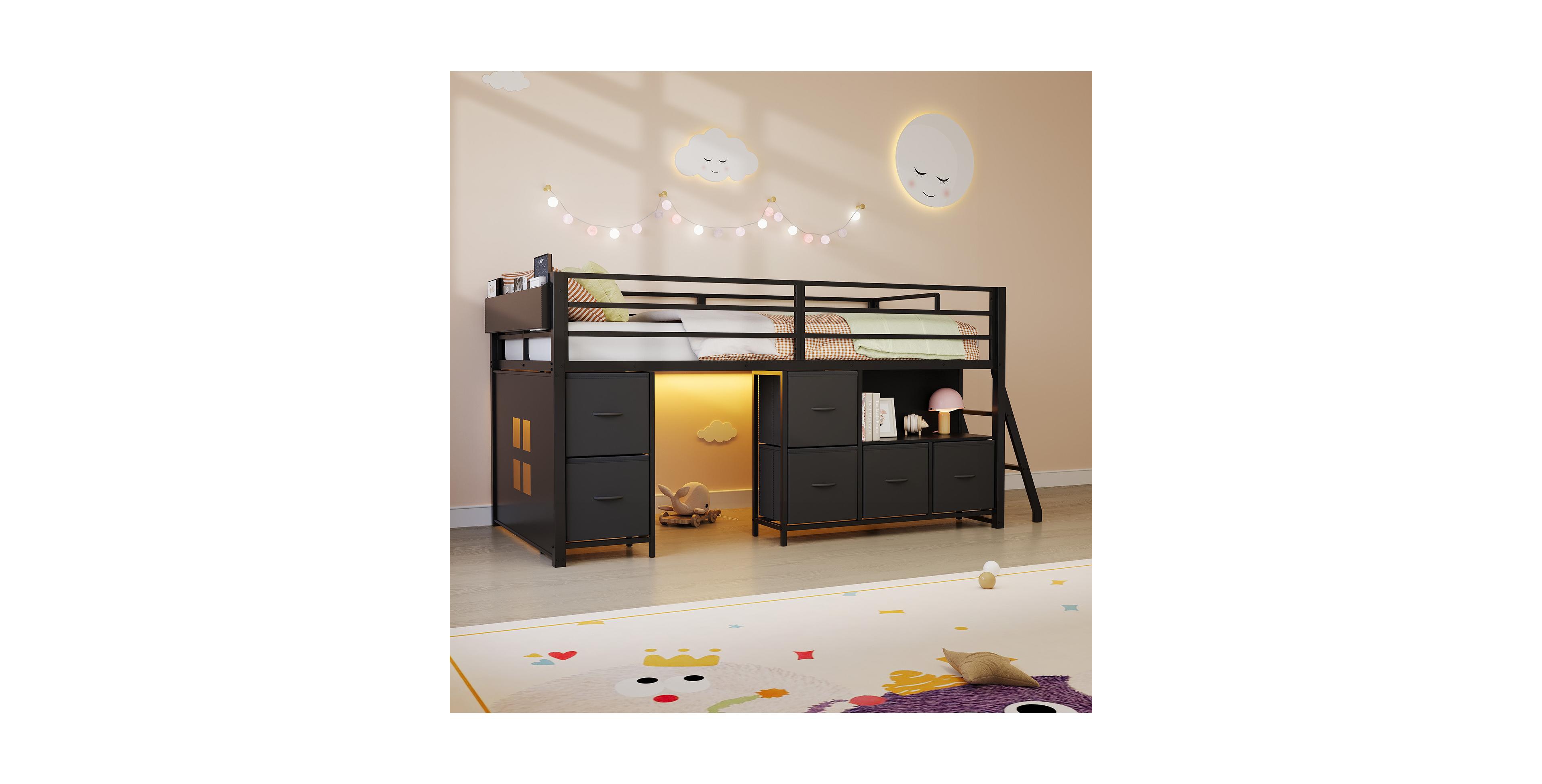 gaomon Metal Twin Loft bed with 6 storage drawers, a desk, and Led lights spacious play area under the 14-inch-high safety rails