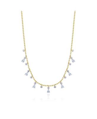 Alternating CZ Station Dangle Bead Necklace 14K Gold-Plated Sterling Silver