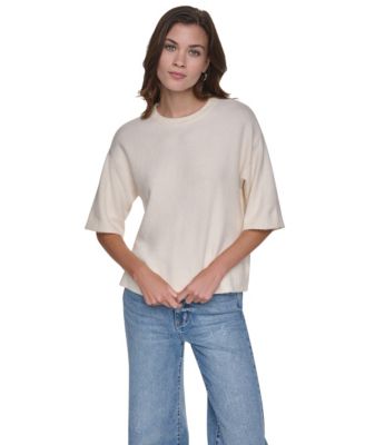 Women's Rugby Boxy Side Slits Short-Sleeve Crewneck Sweater