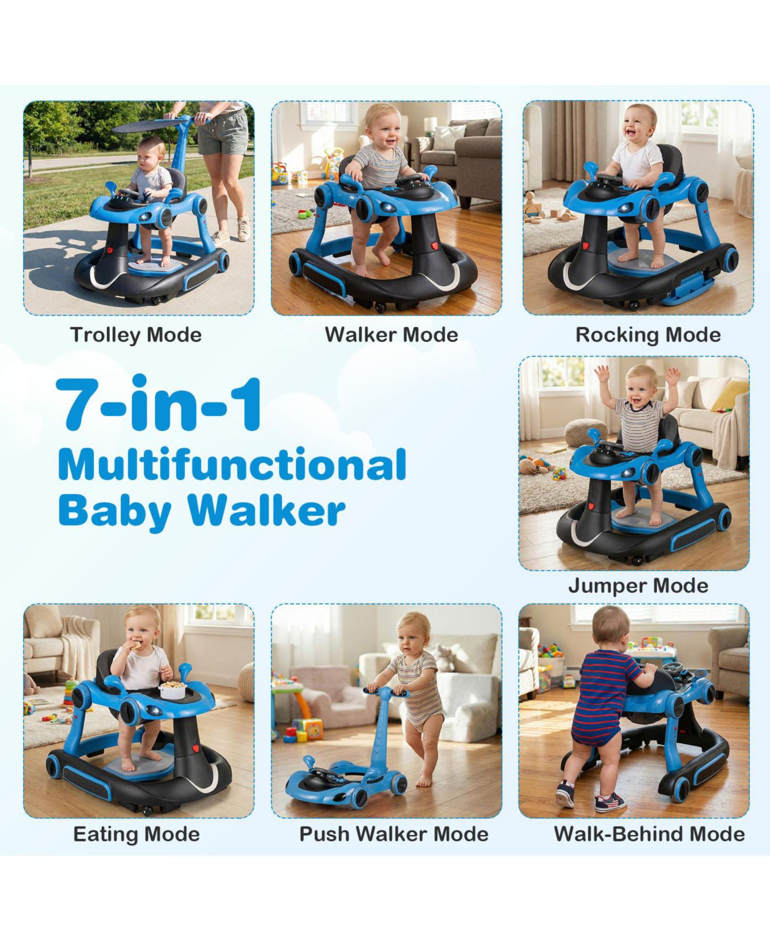 6-in-1 Baby Walker and Activity Center with Canopy, Music and Rocker