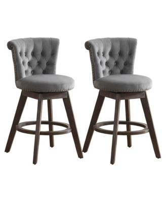 360degree(s) Swivel Bar Stools Set of 2, Velvet Counter Height Chairs with Curved Backrest, Nailhead Trim, Solid Wood Legs for Kitchen Island