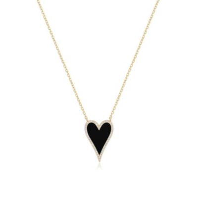 Elongated Onyx CZ Halo Heart Necklace 14K Gold-Plated Sterling Silver