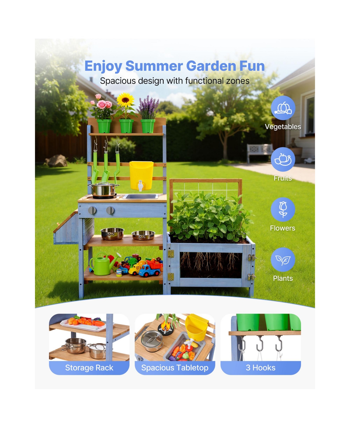 Sugift Wooden Outdoor Four-Zone Mud Kitchen, Ages 3+