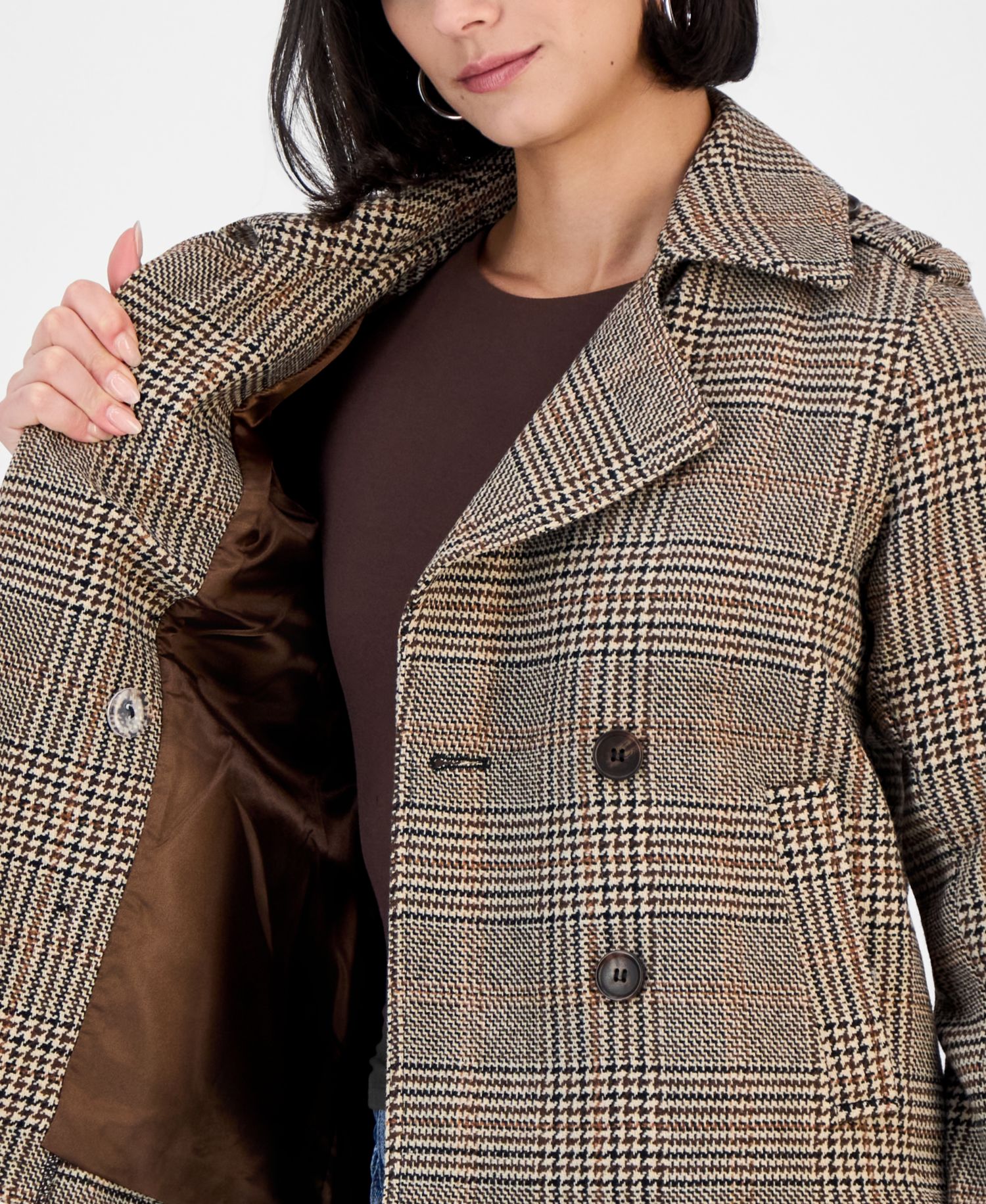 Juniors' Double-Breasted Plaid Notch-Collar Pea Coat