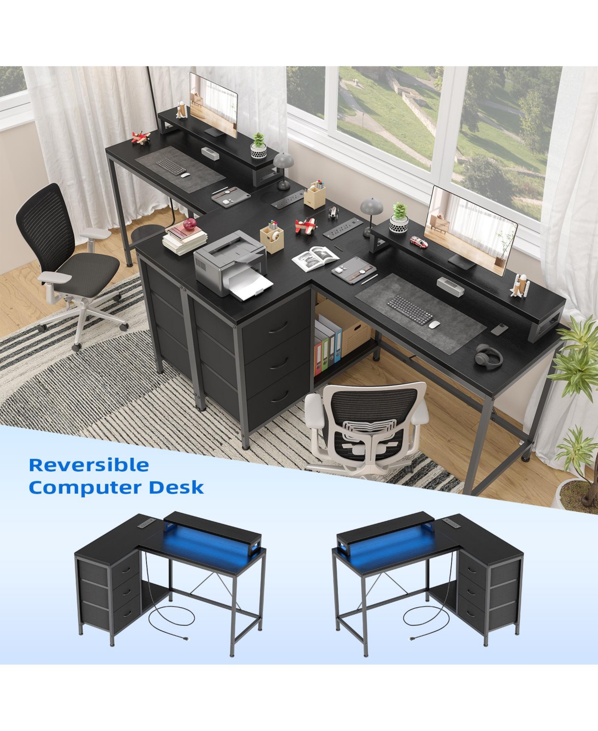 gaomon Computer Desk, Reversible L Shaped Study Gaming Desk with Rgb Led Lights, Storage Drawer, Power Outlets, Monitor Stand for Home Office