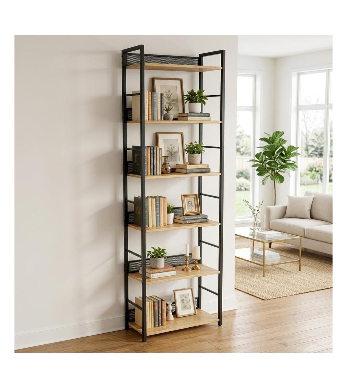 Gaomon 6-Tier Industrial Metal and Wood Bookshelf, Narrow Tall Bookcase