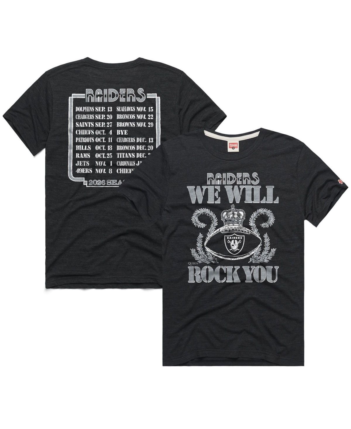 Homage Men's and Women's Charcoal Las Vegas Raiders 2026 Nfl Schedule Queen Tri-Blend T-Shirt - Charcoal
