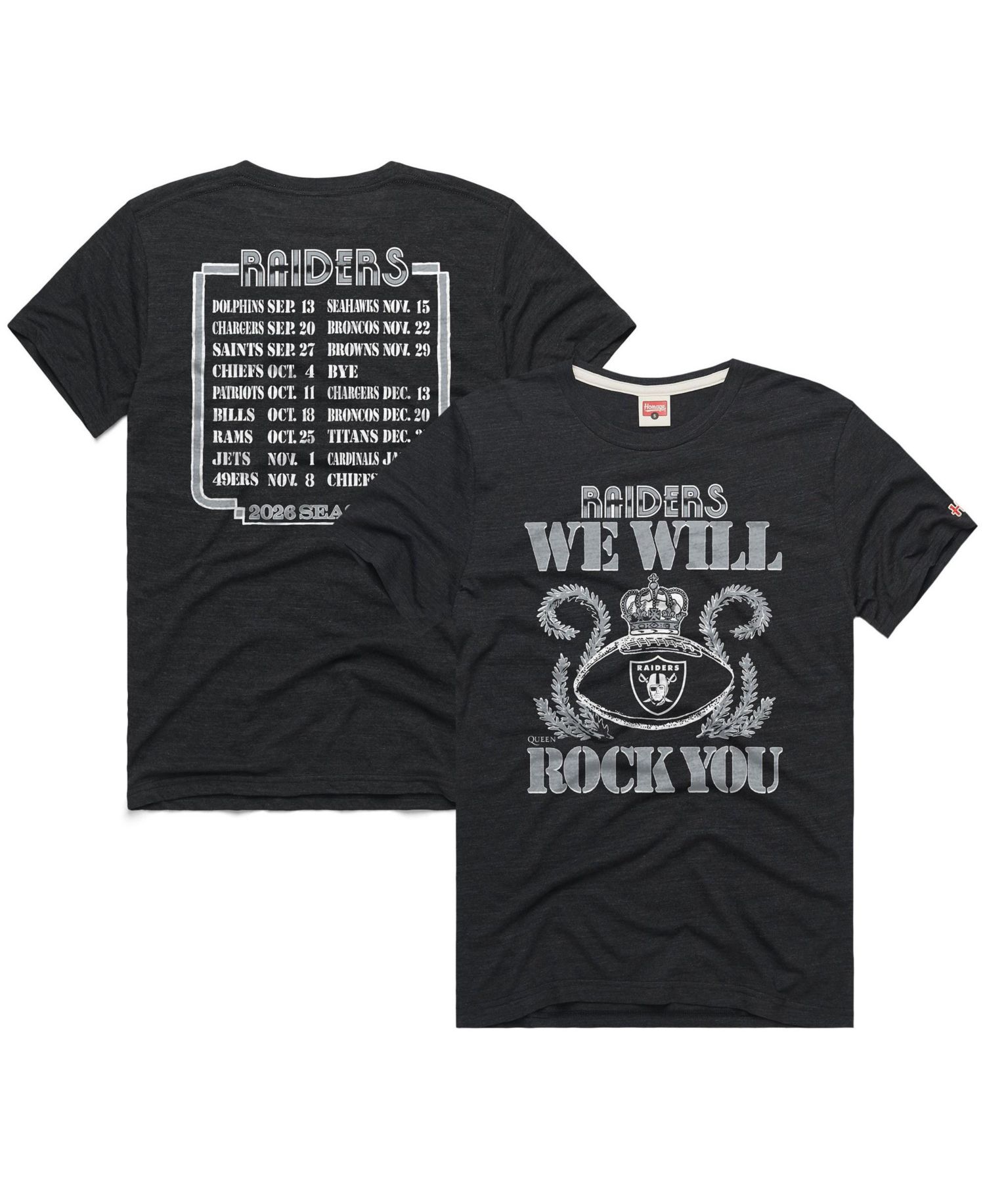 Men's and Women's Charcoal Las Vegas Raiders 2026 NFL Schedule Queen Tri-Blend T-Shirt