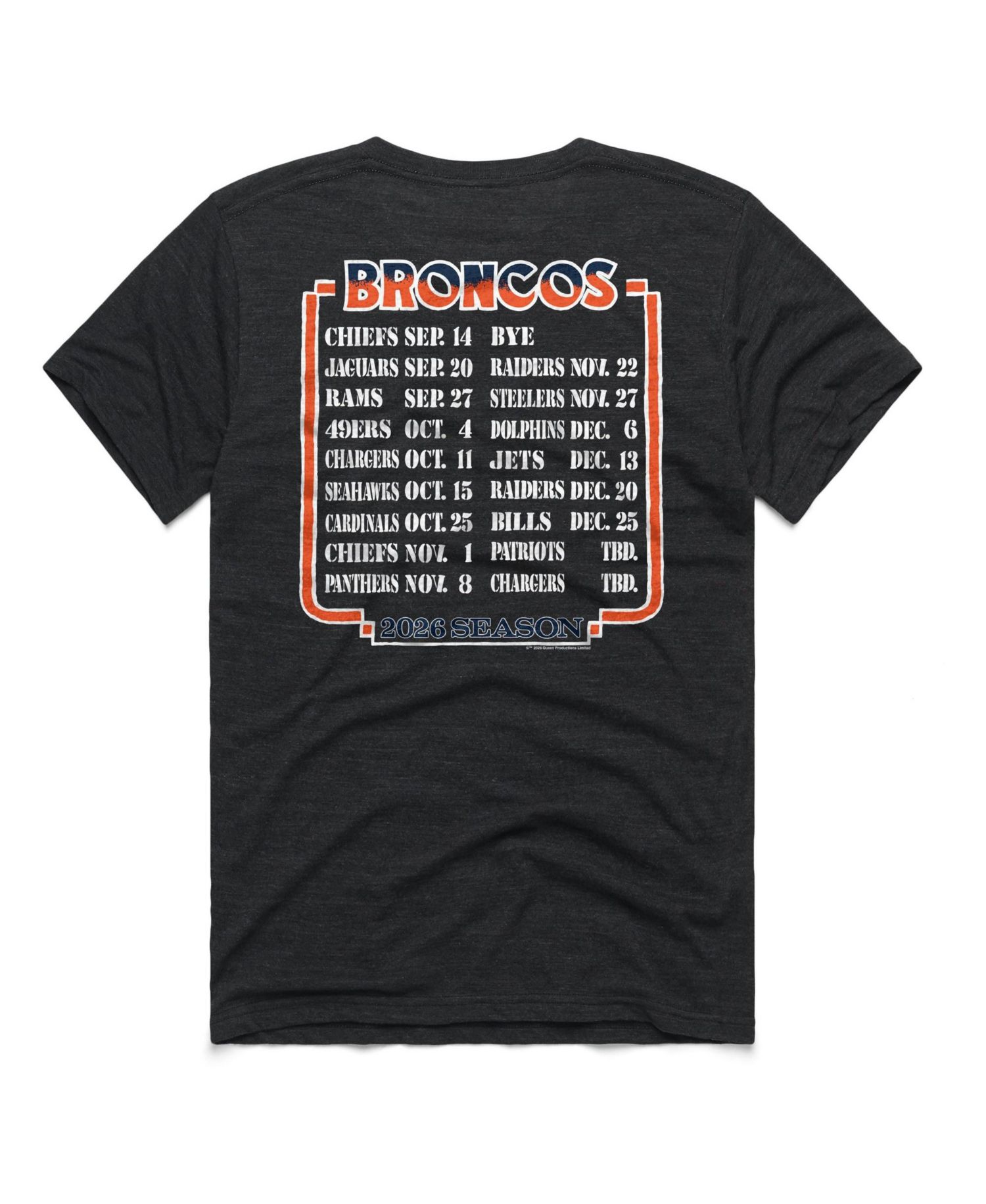 Men's and Women's Denver Broncos 2026 NFL Schedule Queen Tri-Blend T-Shirt