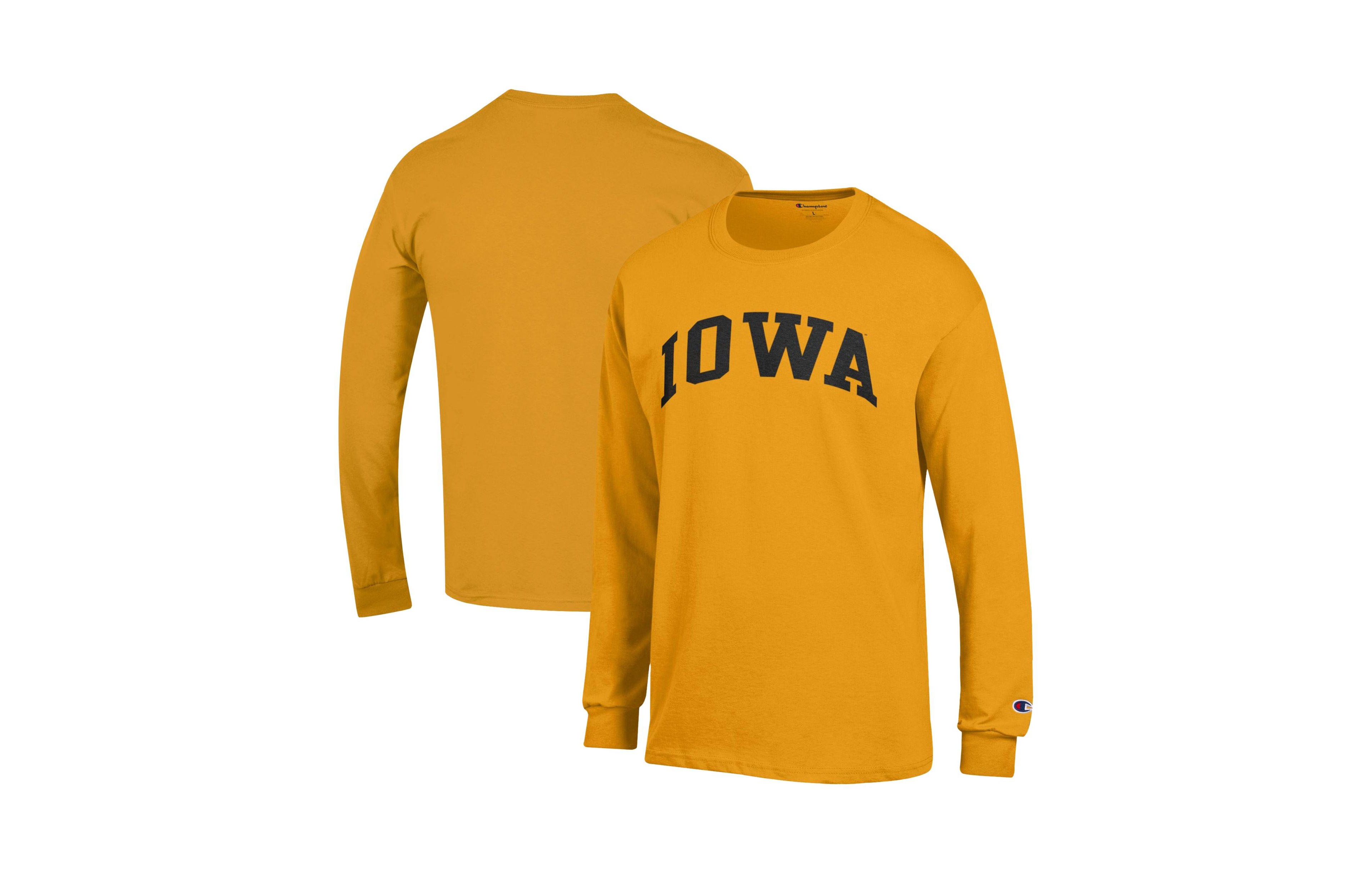 Champion Men's Iowa Hawkeyes Basic Arch Long-Sleeve Crewneck Screen-Print T-Shirt