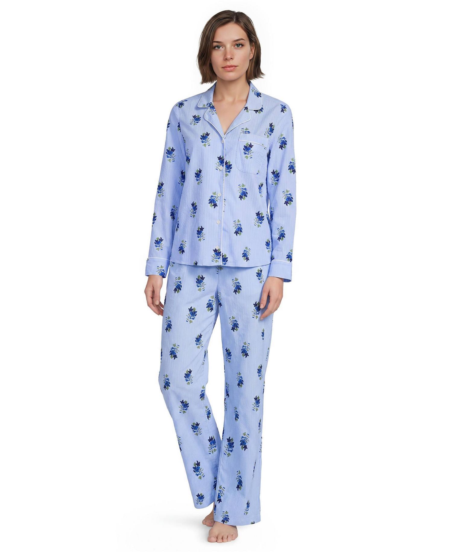 Women's Cotton Long-Sleeve Pajama Top and Pants Set