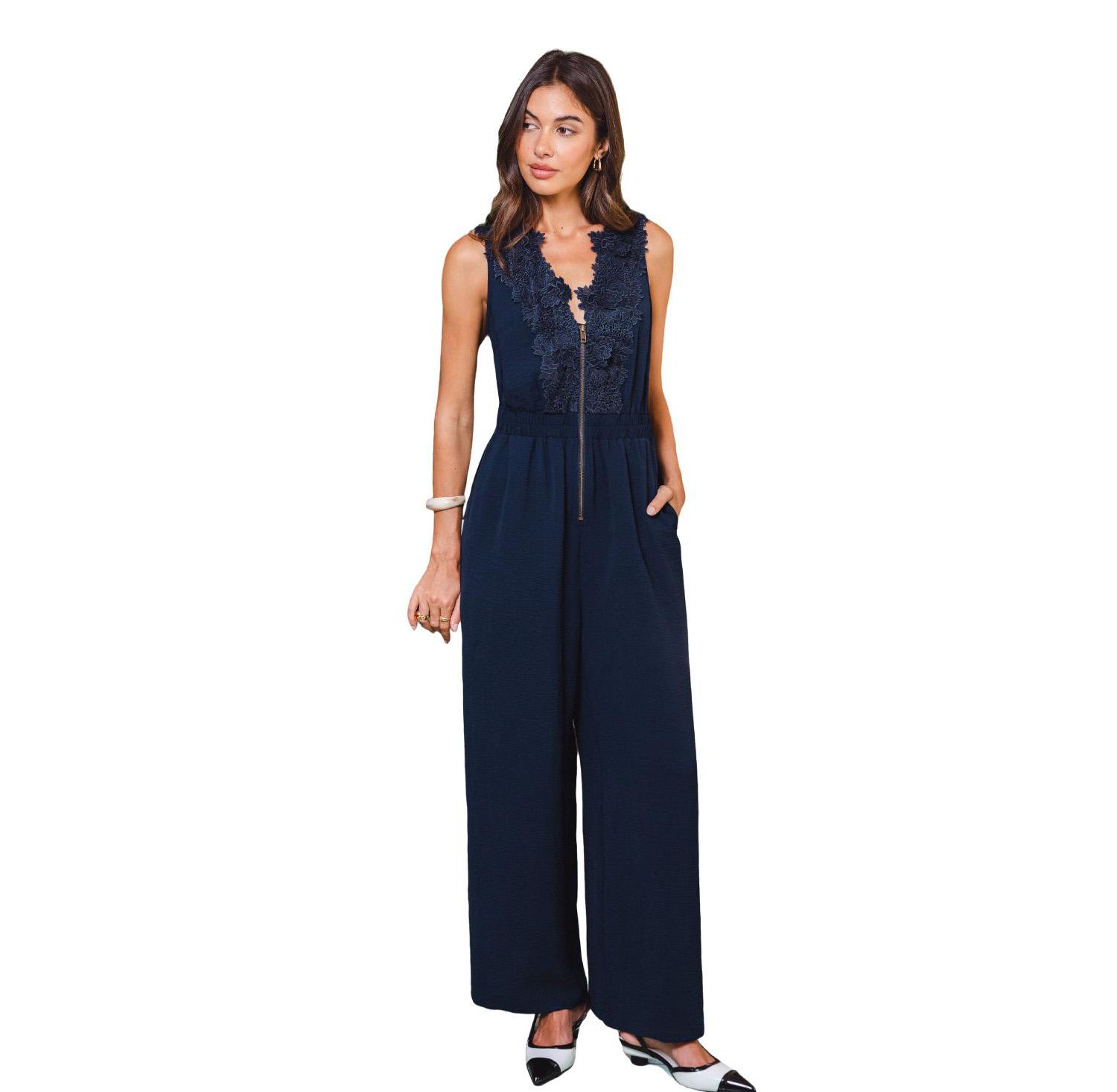Women's Compliment Blue V-Neck Front Zipper Wide-Leg Jumpsuit