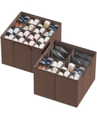 2 Pack Shoe Storage Organizer for closet, a set of 2 foldable shoe storage containers with adjustable dividers,Brown