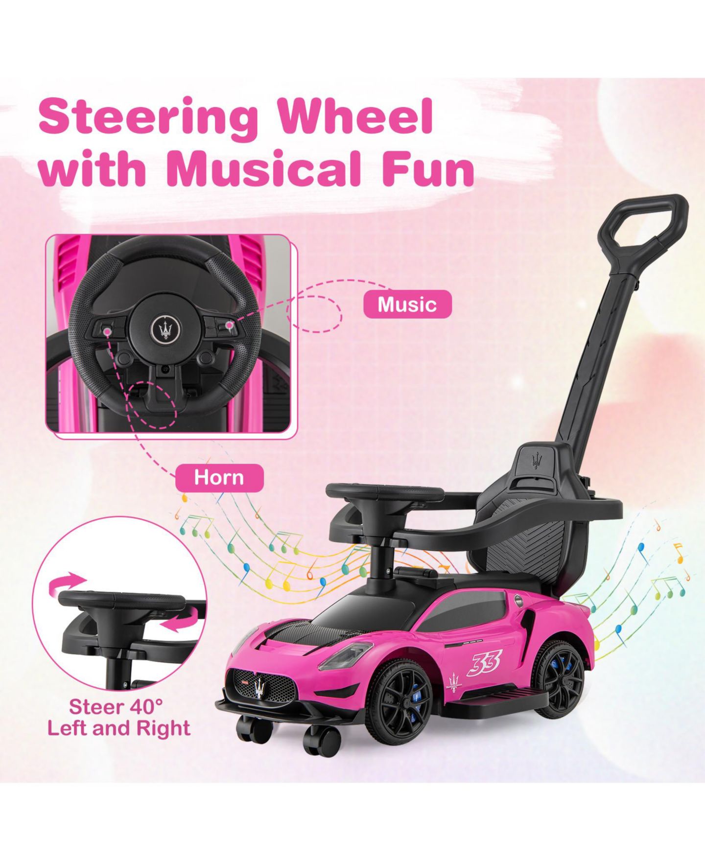 Детская игрушка Mecale 3-in-1 Maserati Licensed Push Car with Music, 55-lb Capacity, Ages 18-60 Months, цвет: Розовый — фото 5