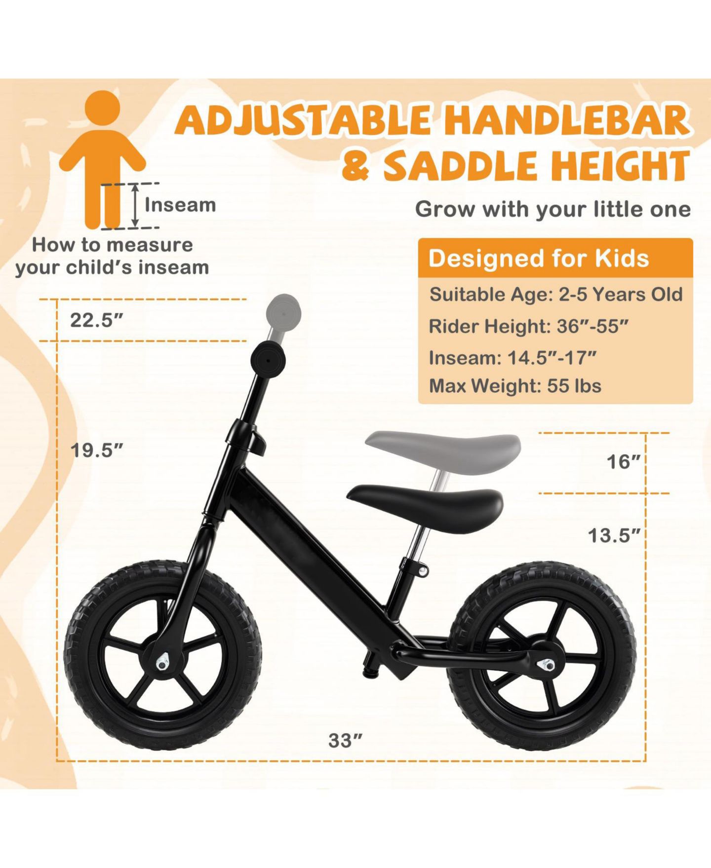 Детская игрушка Mecale 33" Lightweight Adjustable Balance Bike, 55-lb Capacity, Ages 2-5, цвет: Чёрный — фото 3