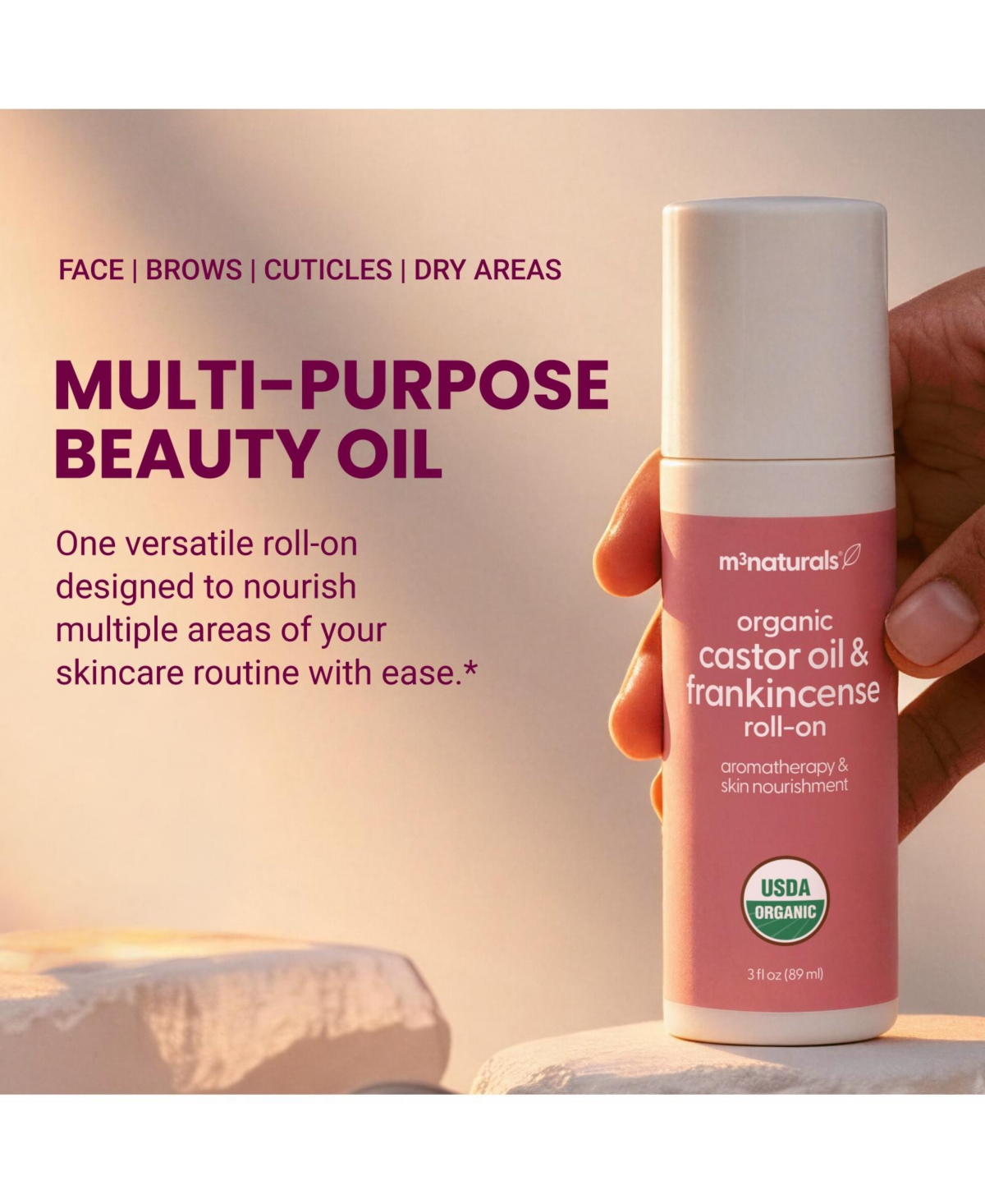 M3 Castor Oil Plus Frankincense Roll-On Cold-Pressed Castor Oil and Pure Frankincense Essential Oil Body Massage Oil, 3 Ounce