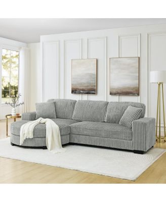 Corduroy Tufted L-Shaped Modular Sleeper Sectional Sofa with Movable Ottoman