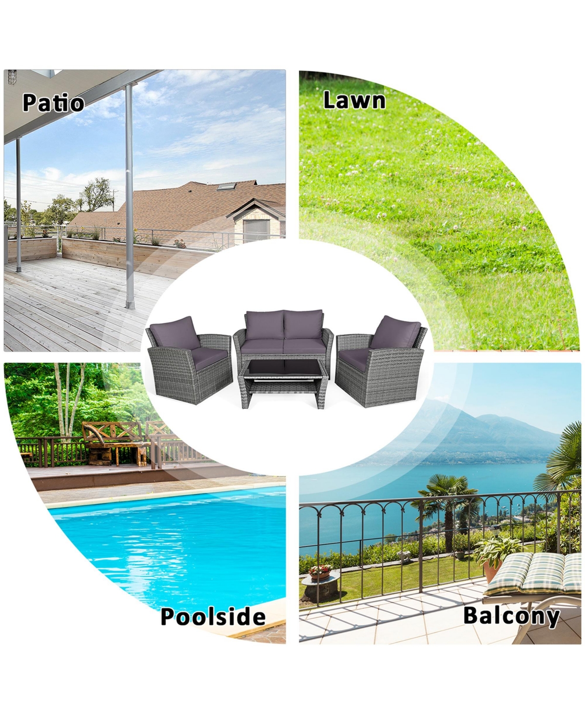 Costway 4Piece Patio Rattan Furniture Set Sofa Table With Storage Shelf